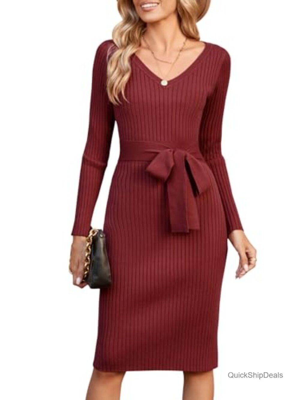 Women's Ribbed Knit Belted Bodycon Midi Sweater Dress Long Sleeve